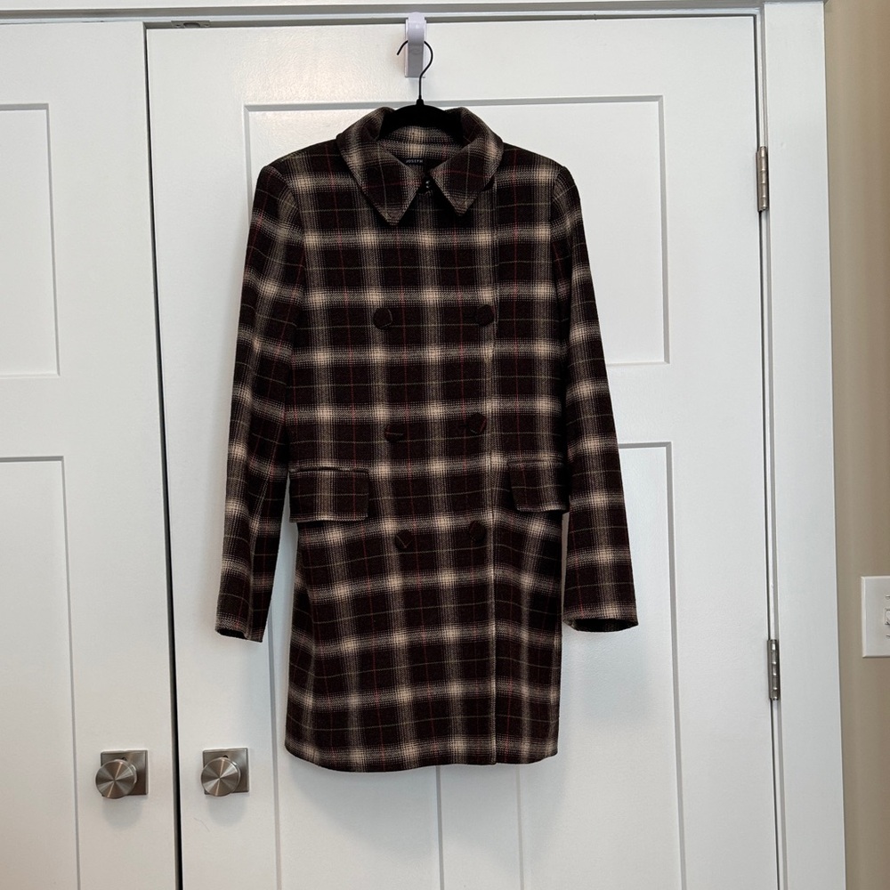 Joseph Black and Brown Plaid Pea Coat